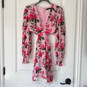 Barbie Pink Rose Floral LoveShackFancy style Mini Cut Out Flowy Summer Dress XS